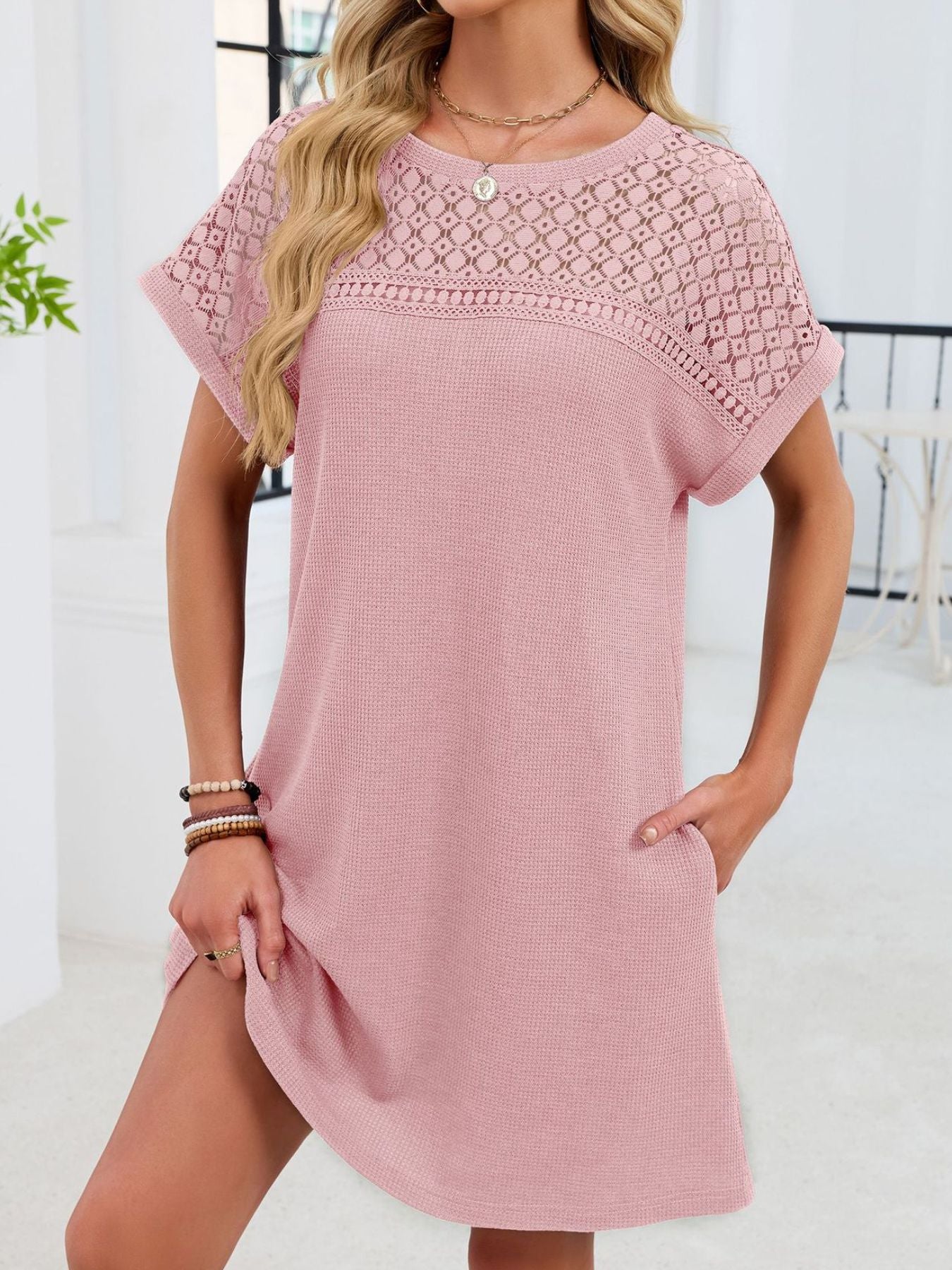 Lace Round Neck Short Sleeve T-Shirt Dress