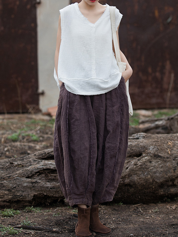 Fringed Pleated Solid Color Split-Joint Loose Sleeveless V-Neck Vest Top