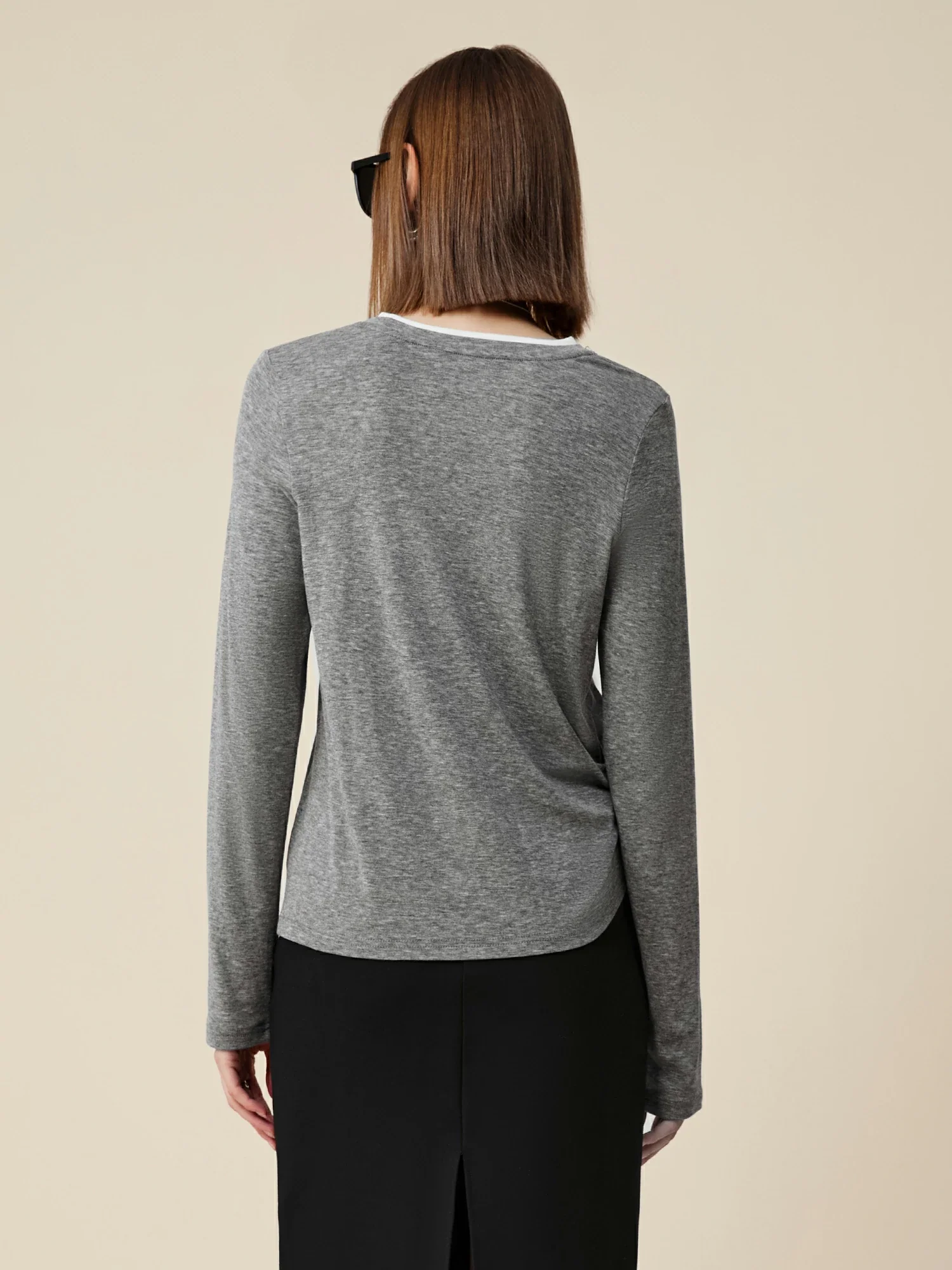 Lyocell & Wool Round Neck Long Sleeve Drawstring T-Shirt