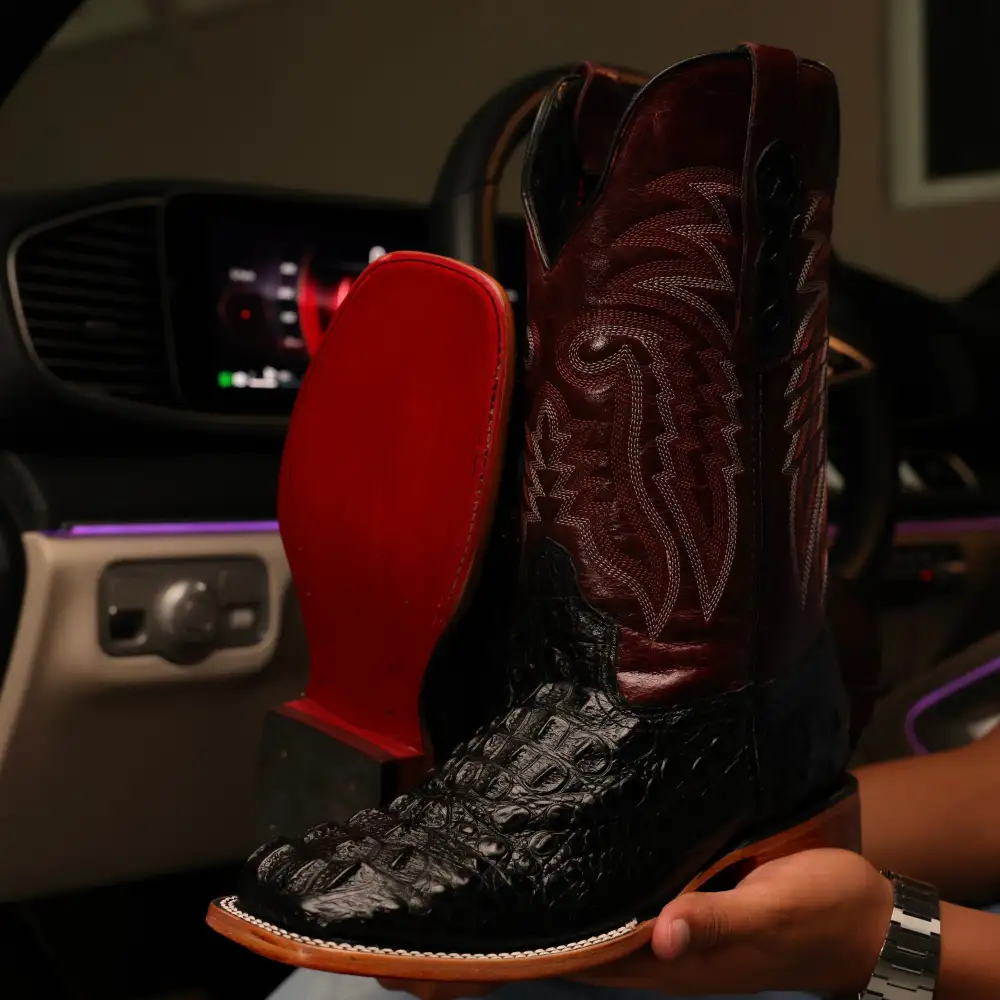 Black Caiman Leather Boots - Square Toe