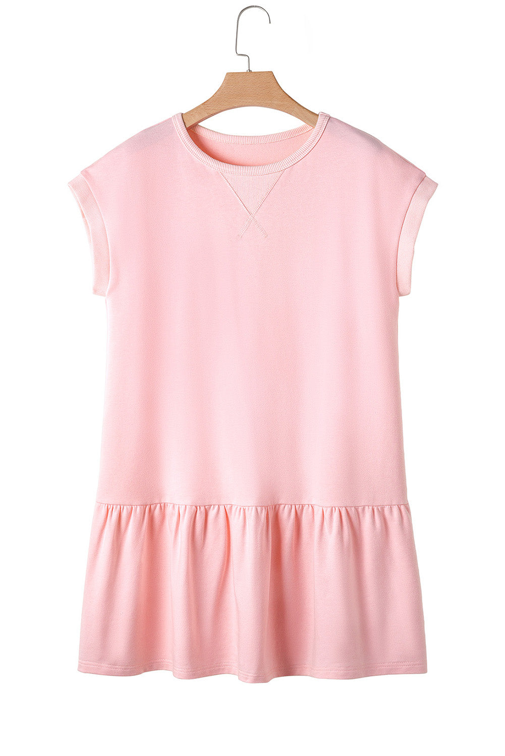 Apricot Pink Solid Color Cap Sleeve Drop Waist T Shirt Dress