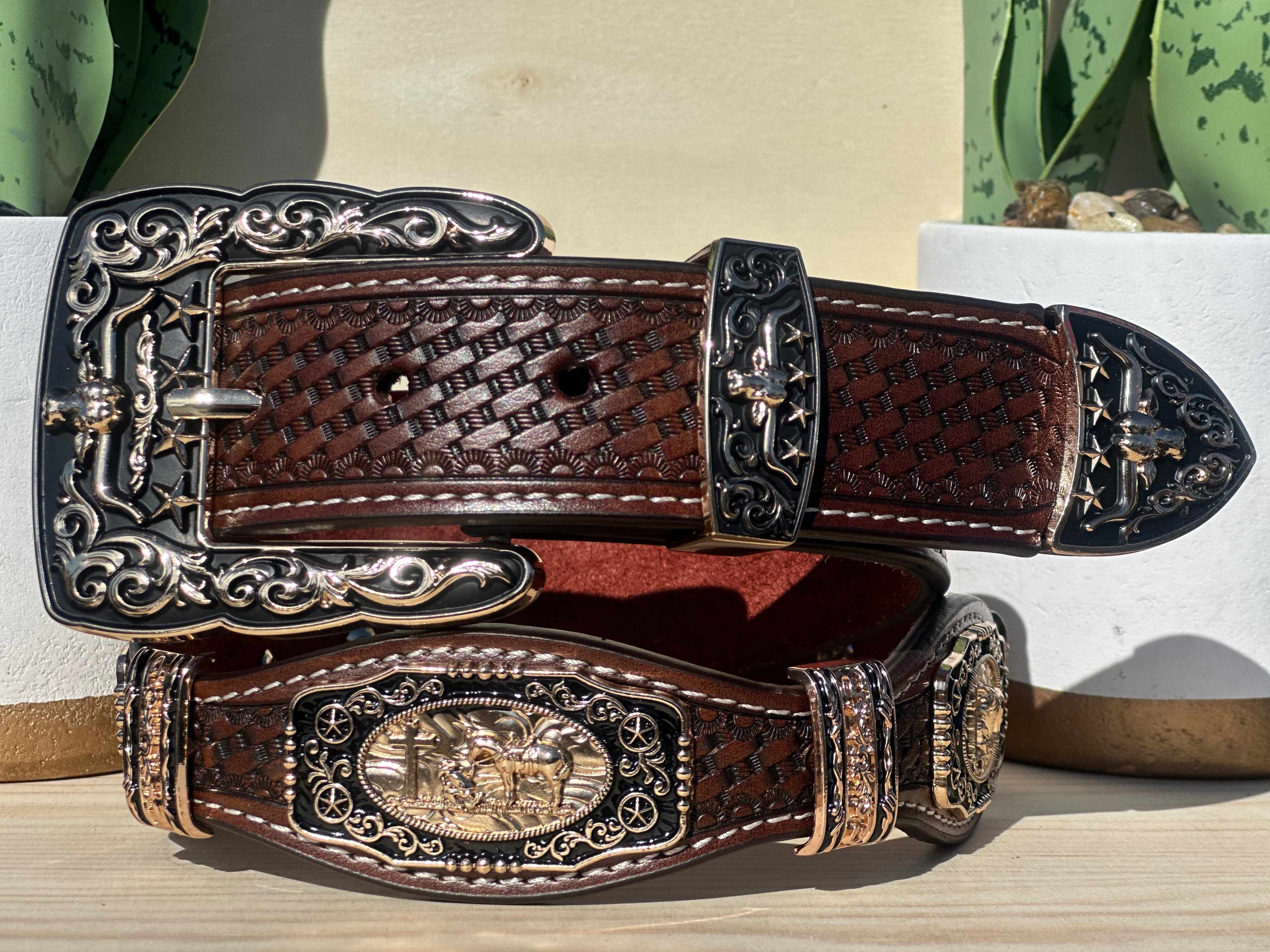 Men’s Brown Leather Belt With Praying Cowboy Concho