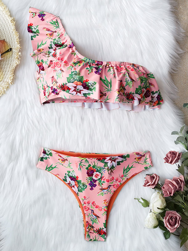 One-Shoulder Falbala Floral Print Padded Bralette High-Waisted Bikini Swimwear