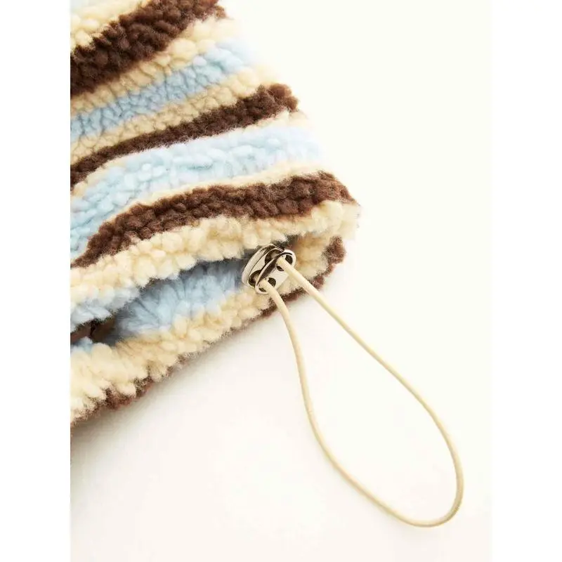 Fleece Stripe Stand Collar Drawstring Half Zip Oversized Sweatshirt