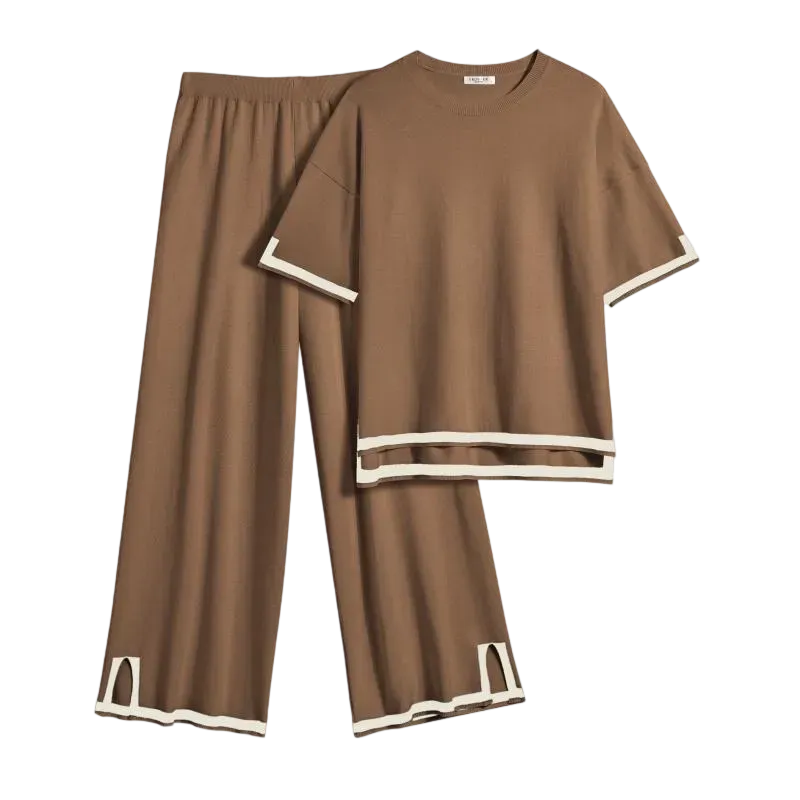 Women’s 2-Piece Knit Lounge Set – Short Sleeve Top & Wide-Leg Pants