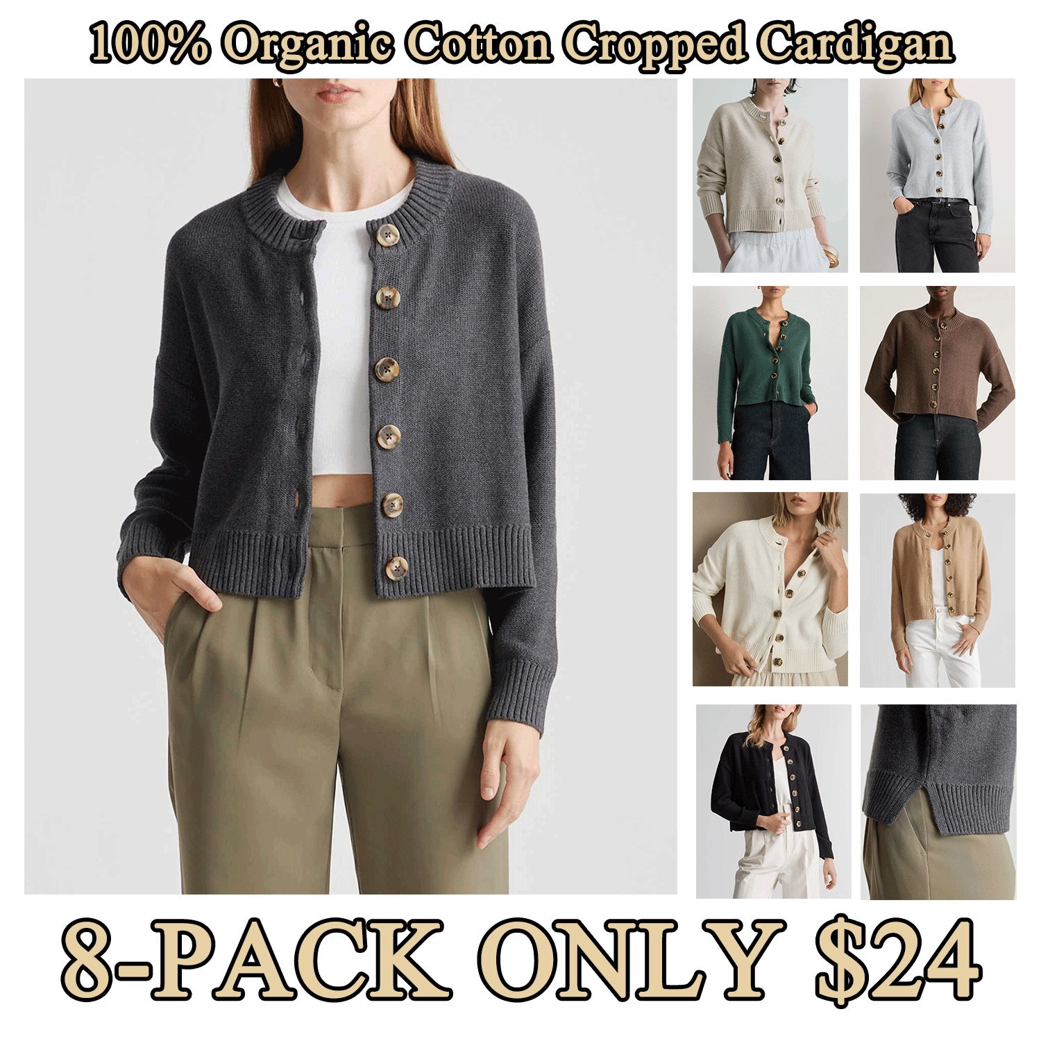 Women’s Organic Cotton Cropped Cardigan – Button Front Lightweight Knit Sweater