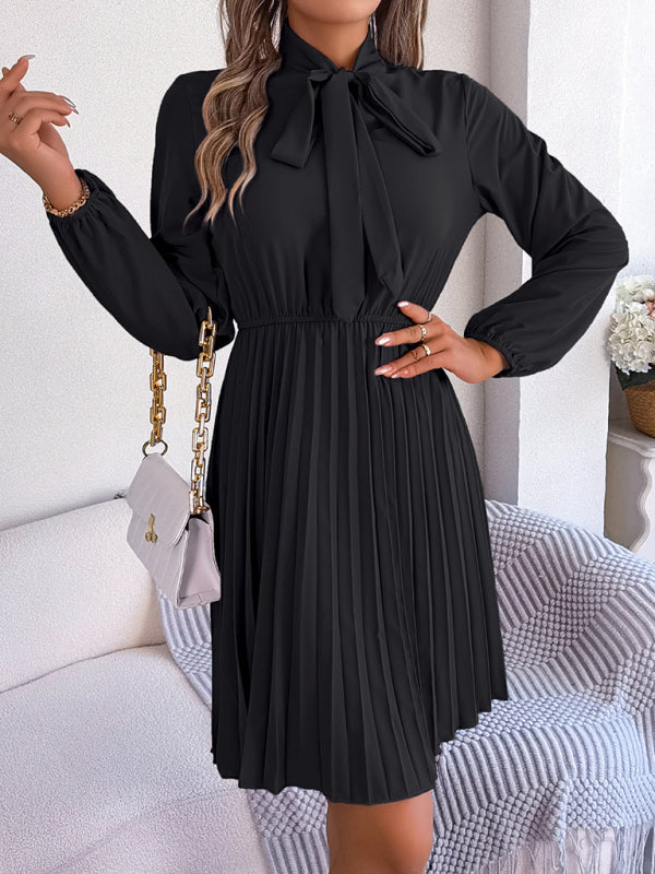 Autumn And Winter Tie Waist Long Sleeve Pleated Skirt