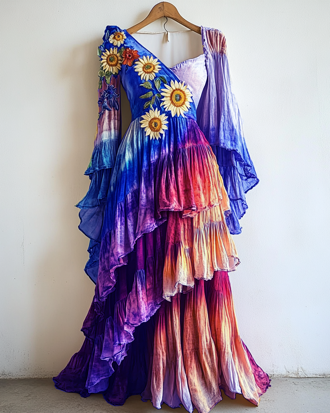 Rainbow Linen Ruffle Daisy Embroidery Irregular Dress 4d6d