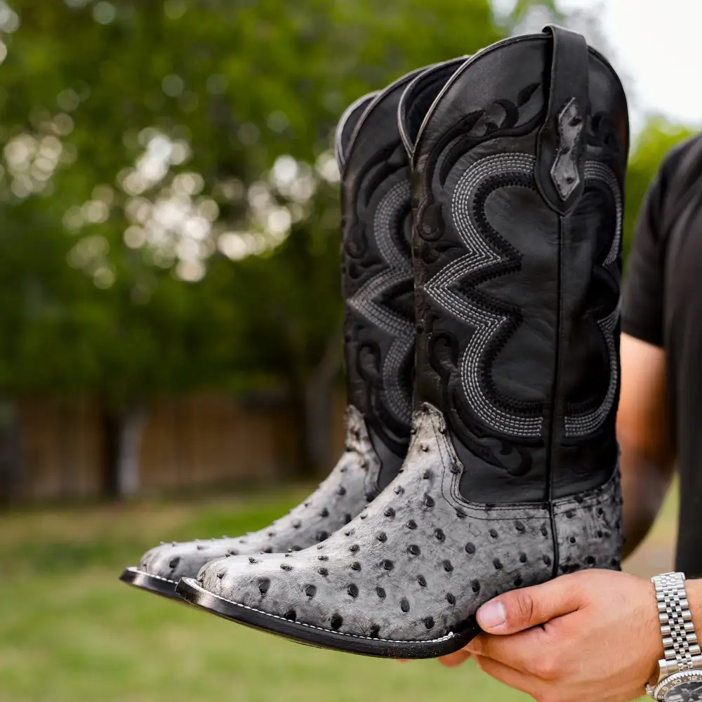 Grey Ostrich Leather Boots - Square Toe