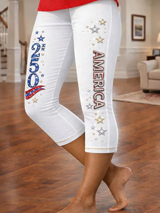 Women'S Casual American 250th Anniversary Commemorative Print Cropped Leggings