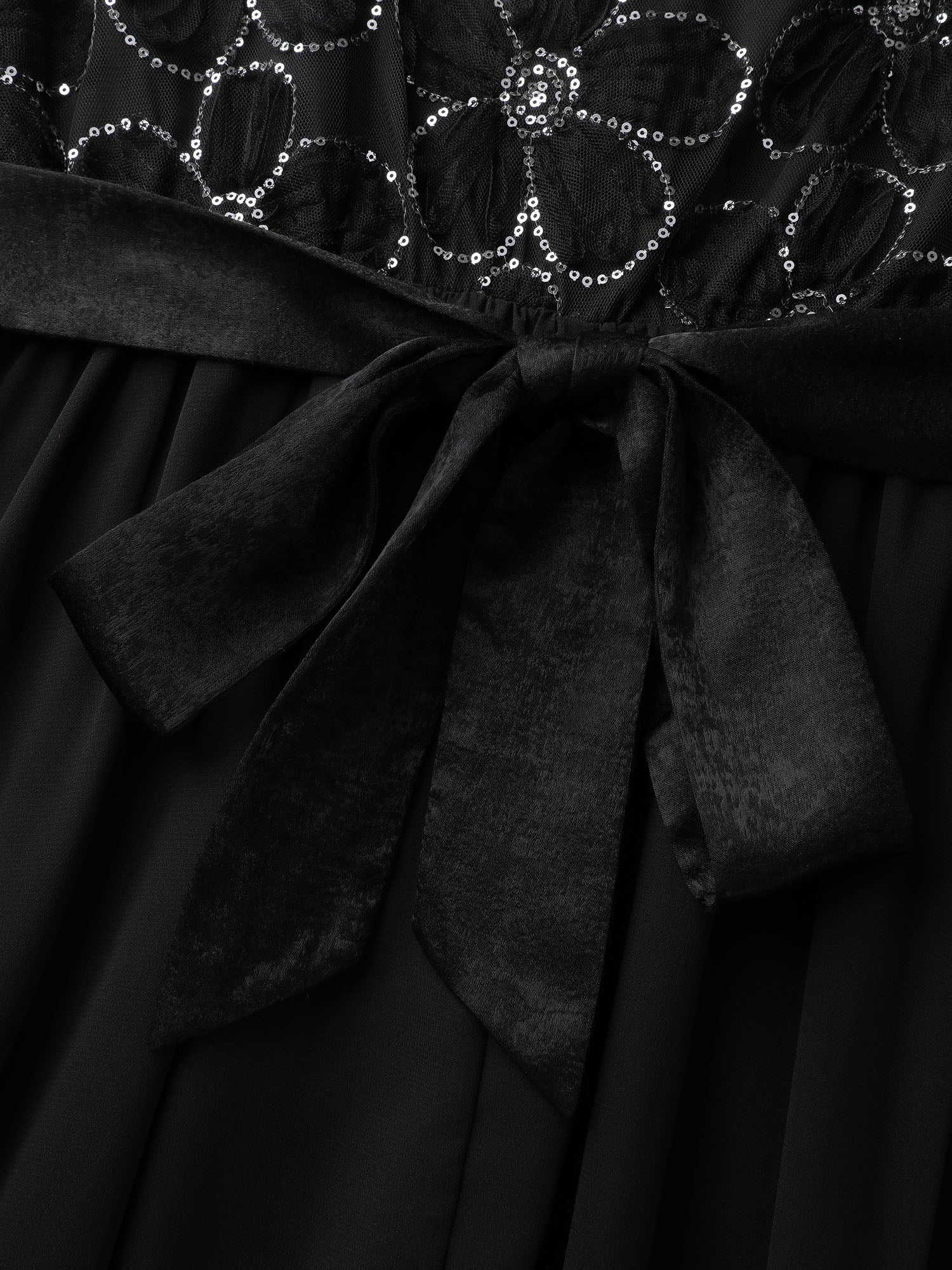 Sequin Floral Tulle Shirred Waist Midi Dress