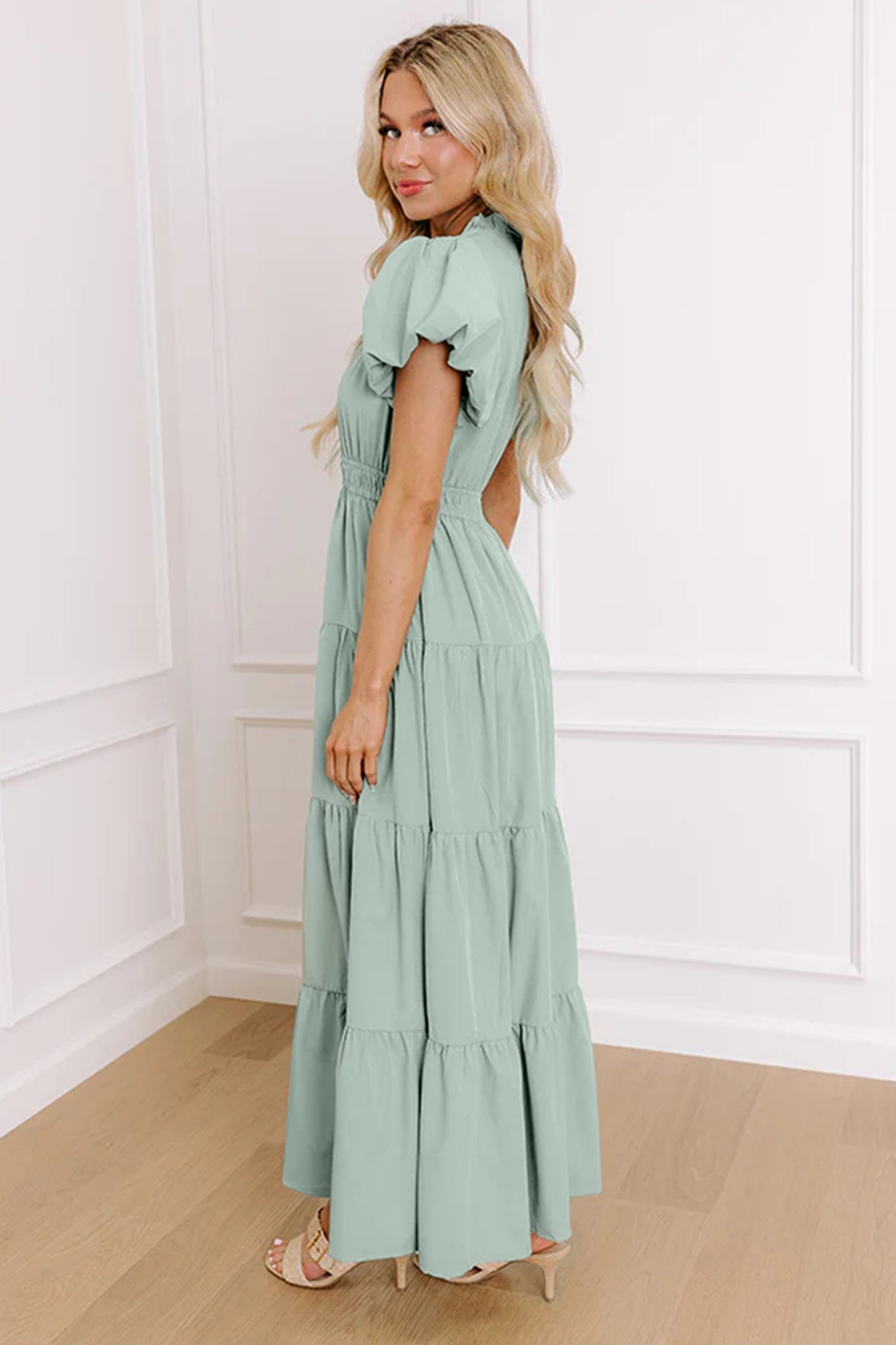 Coral Solid Color V Neck Short Puff Sleeve High Waist Tiered Maxi Dress