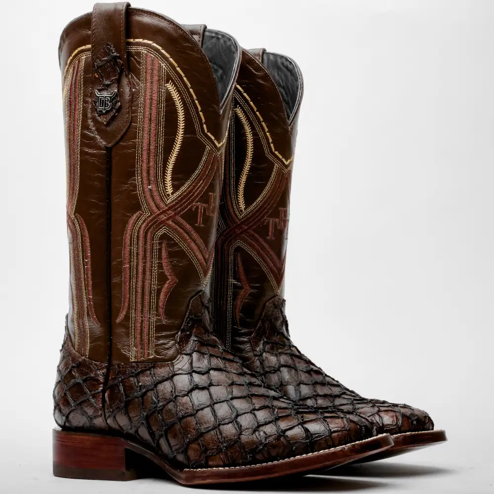 Chocolate Brown Mini Pirarucu Leather Boots - Square Toe