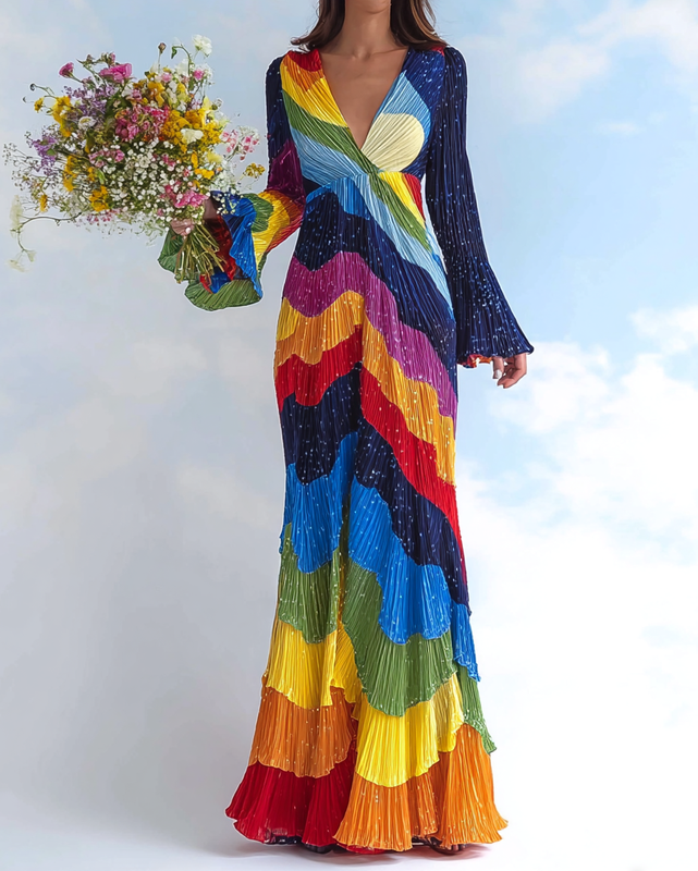 Women's Vibrant Summer Rainbow-Colored Maxi Dress 3960