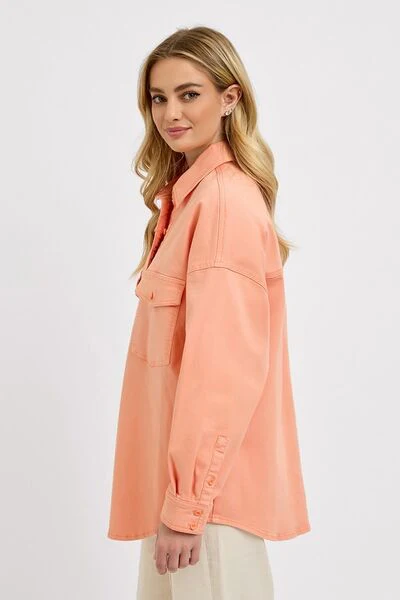 Full Size Button Down Long Sleeve Denim Shacket with Chest Pockets