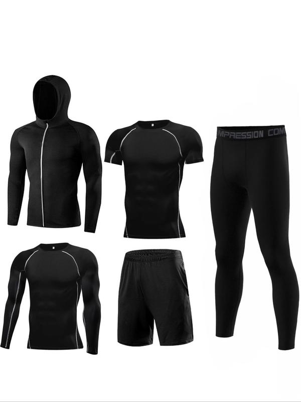 Men's Solid Tracksuit Set, Sporty Zipper Hooded Jacket & Top & Short Sleeve Tee & Letter Tape Waist Leggings & Drawstring Shorts