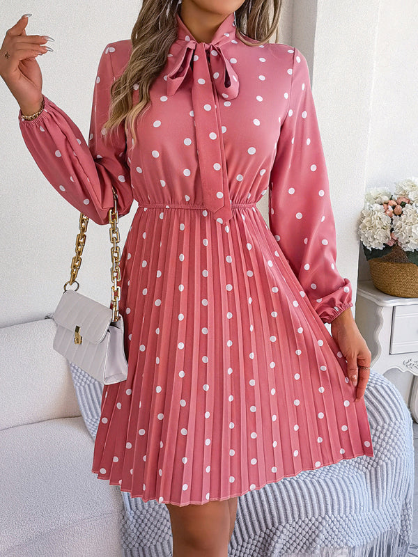 Elegant Polka-Dot Lace-Up Waist Long-Sleeved Pleated Skirt