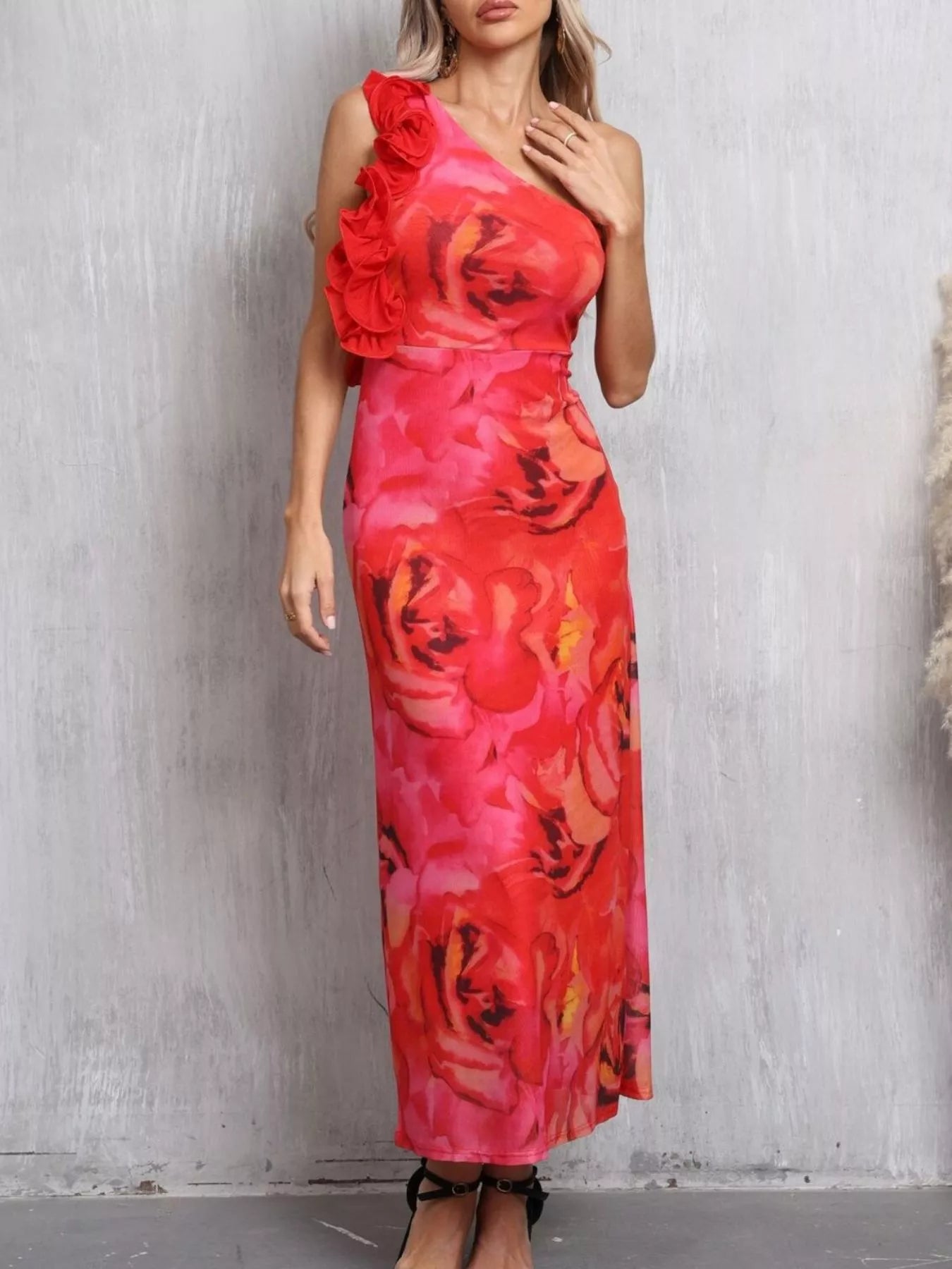 Floral Print One Shoulder Ruffle Trim Dress