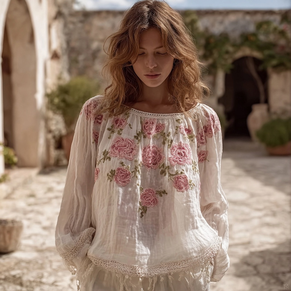 Vintage Boho Roses Lace Patchwork Linen Tunic