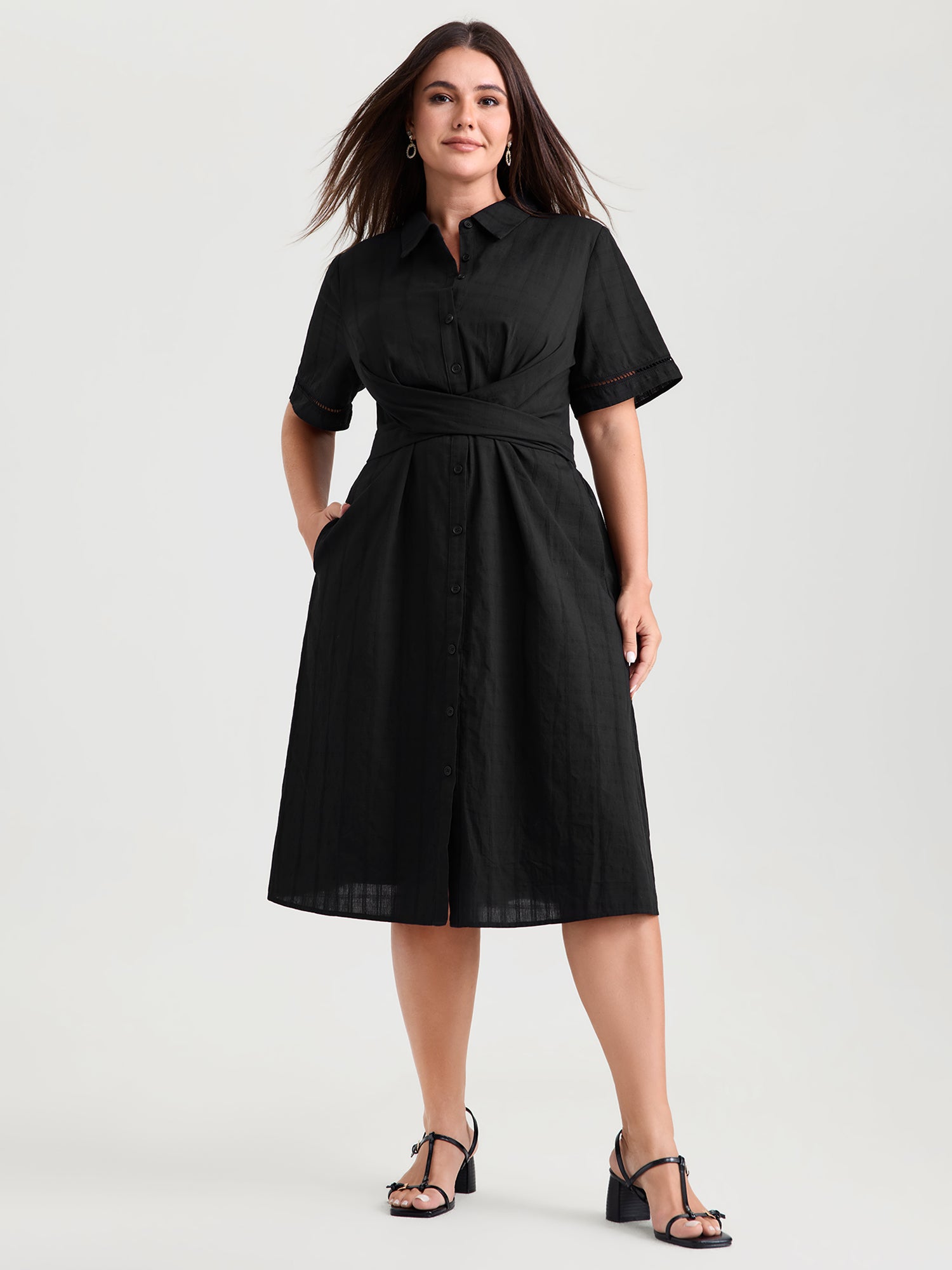 Pure Cotton Textured Overlap Waist Midi Dress