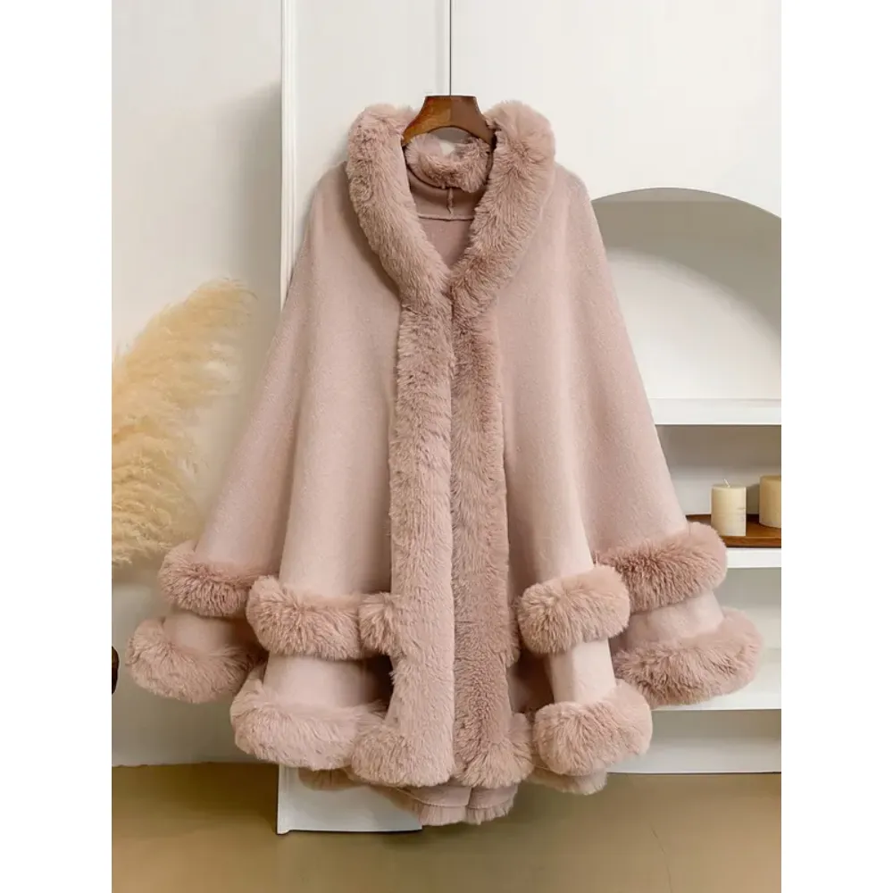 Luxury Faux Fur Hooded Cape Shawl
