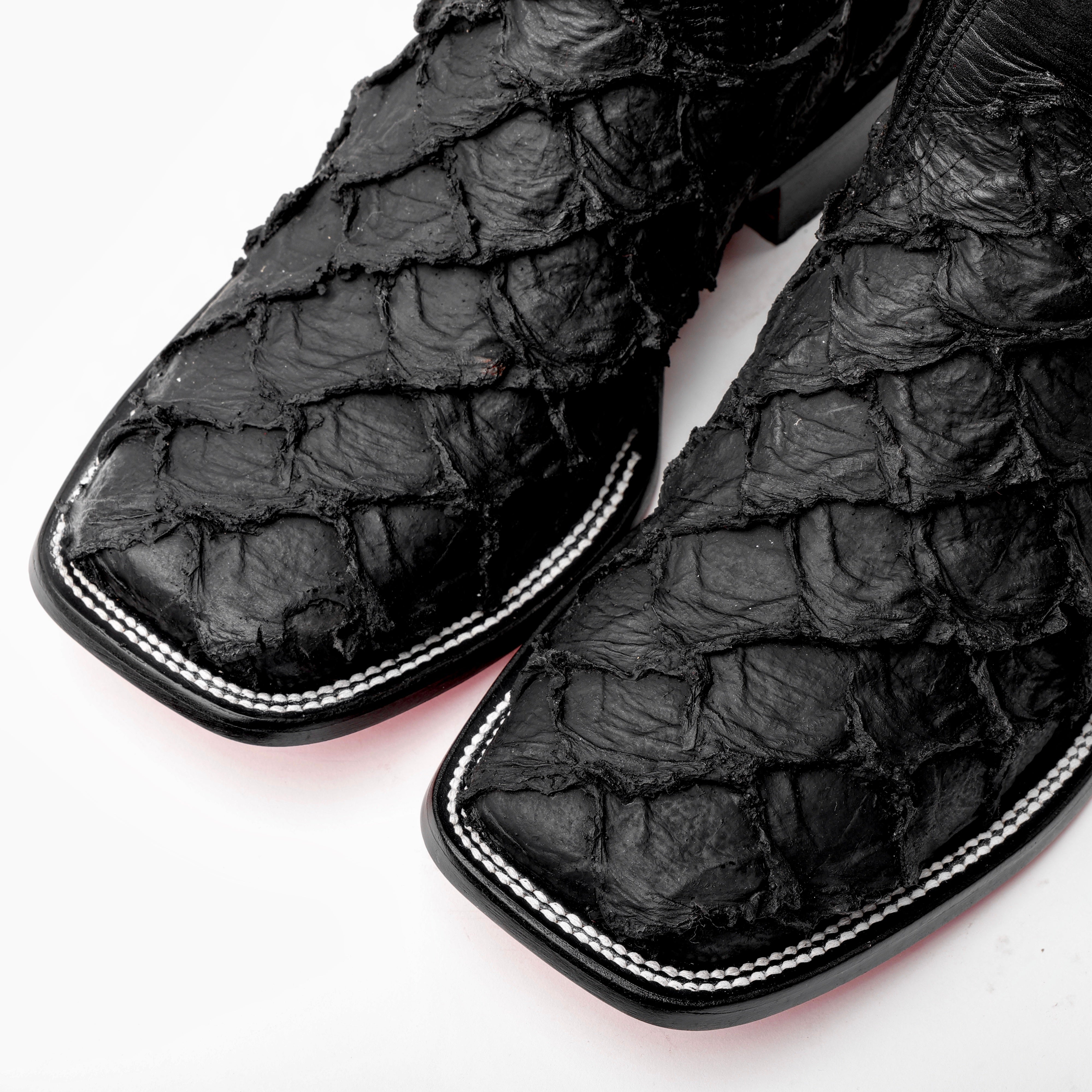 Matte Black Jumbo Pirarucu Leather Boots - Square Toe