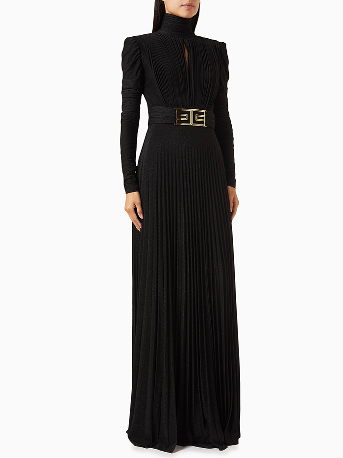 Long Sleeves Pleated Solid Color Split-Side V-Back High-Neck Evening Dresses Maxi Dresses