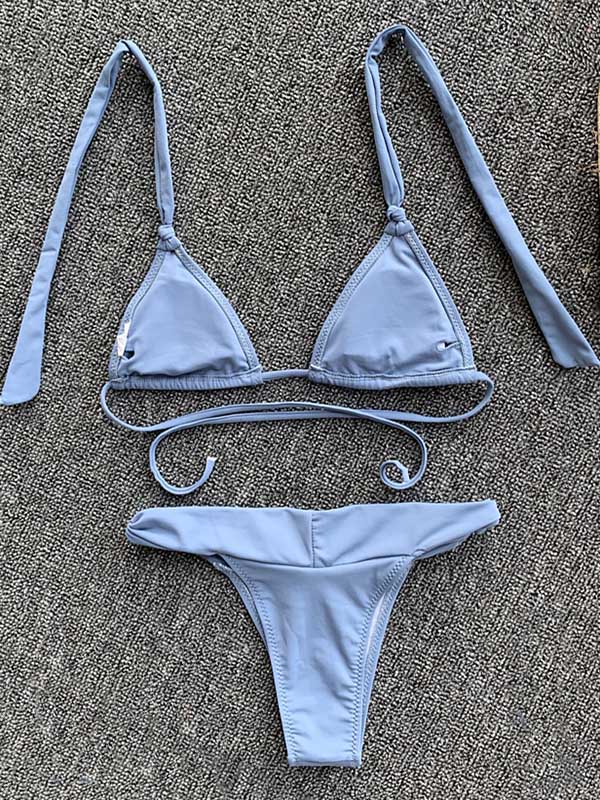 Solid Color Bandage Triangles Split Bikini Swimsuit