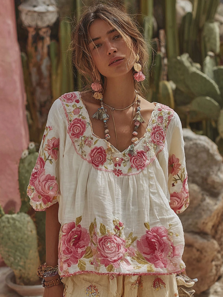 Women's Vintage Floral Art Embroidery Linen T-shirt