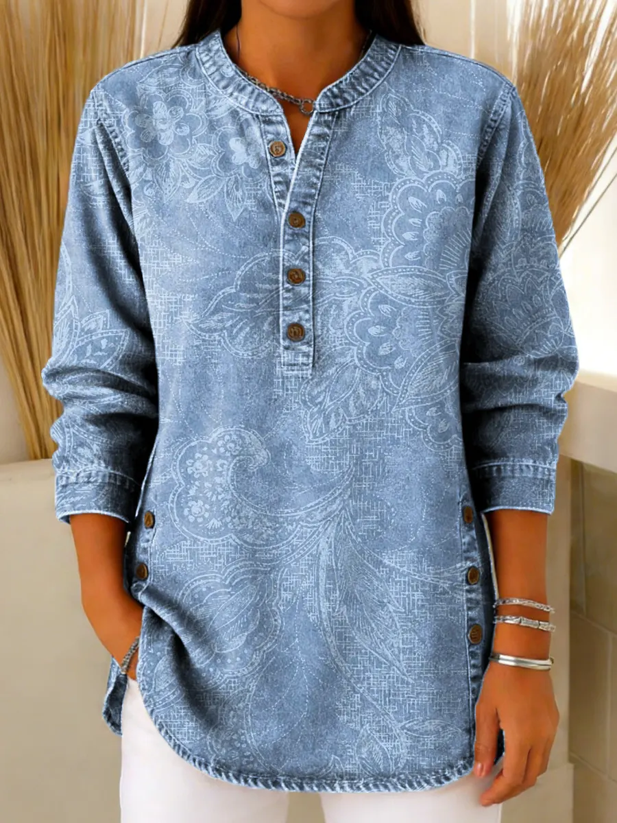 Women's Vintage Floral Pattern Art Print Casual Cotton Denim Shirt