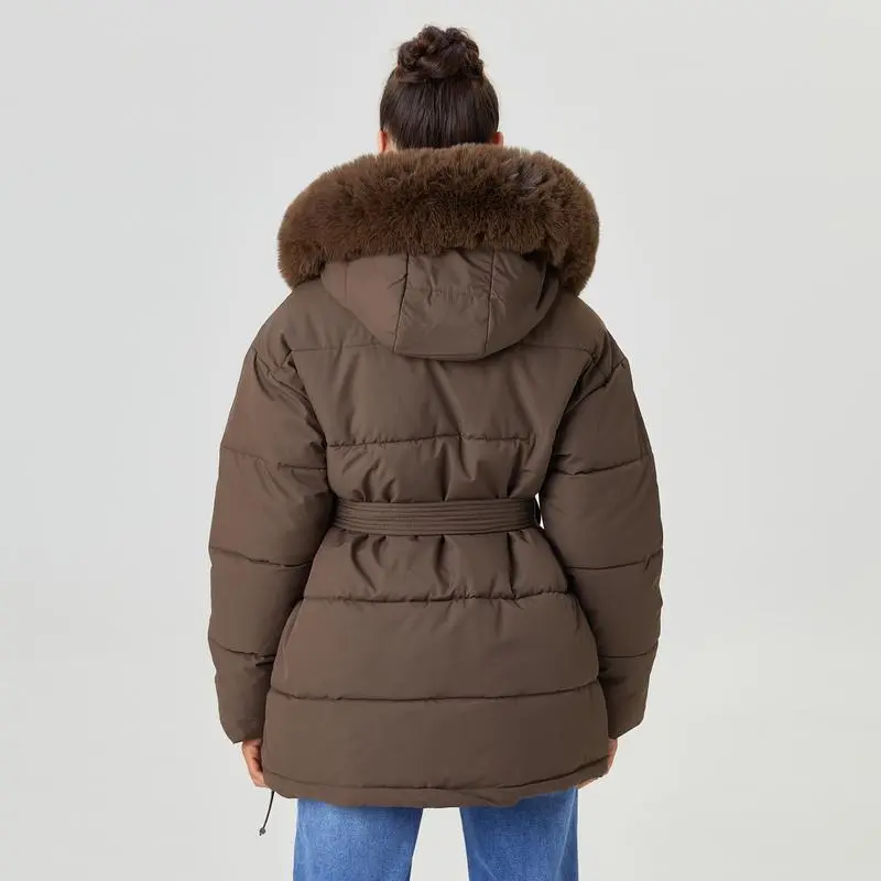 Women's Versatile Solid Color Fluffy Hooded Zip-Up Belt Decor Cotton Coat
