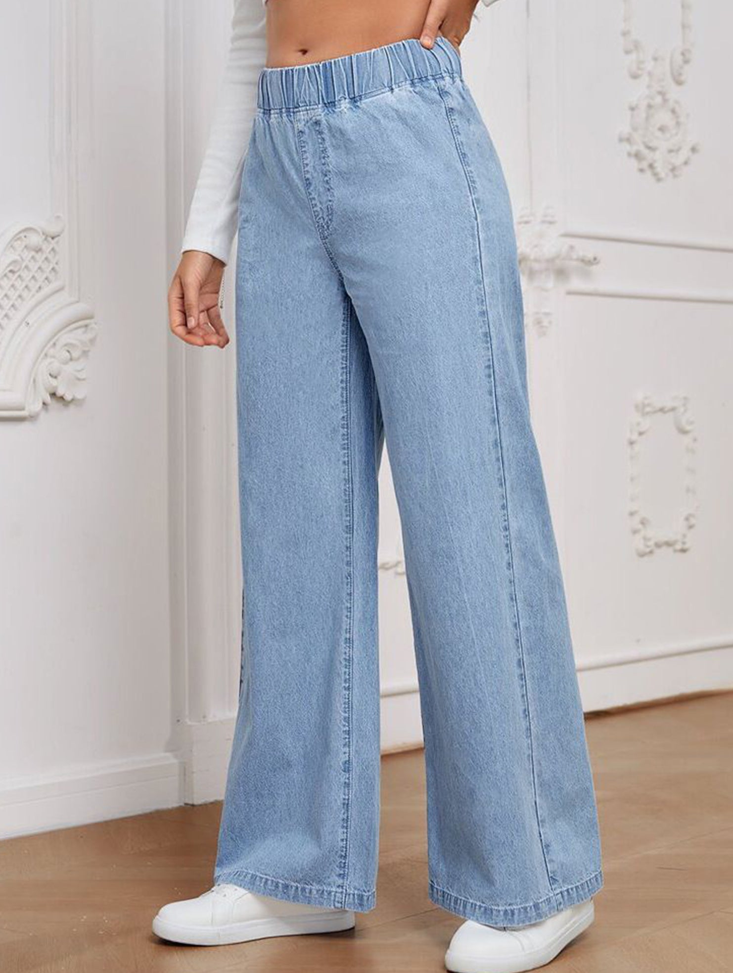 Wide-leg plus-size elastic waist jeans