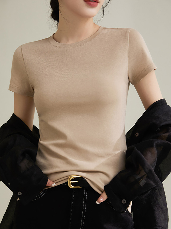 Solid Color Short Sleeves Skinny Round-Neck T-Shirts Tops