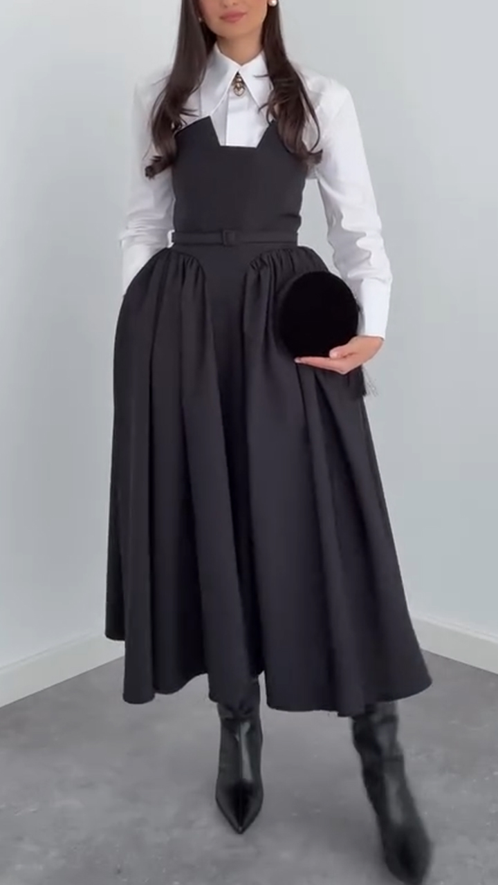 Women Laple Collar Shirt+ Strapless Patchwork Dress Elegant Temperament Set