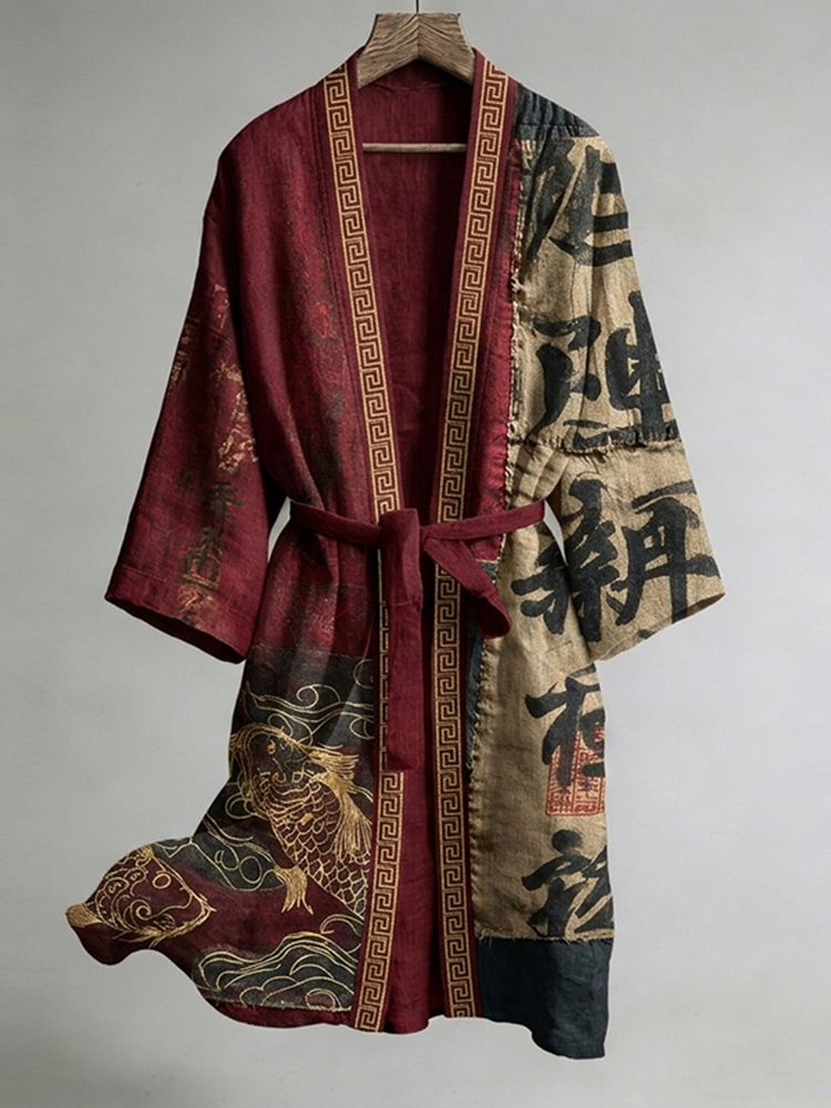 Japanese Calligraphy And Fish Art Combined With Linen Blend Kimono