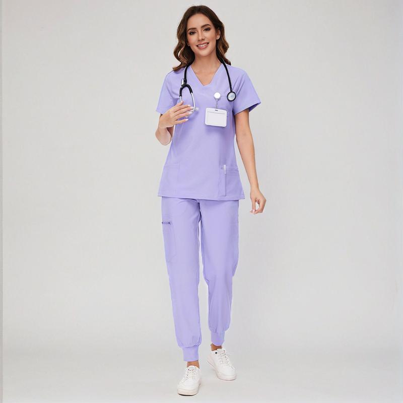 Women’s Stretch V-Neck Scrub Set (Top + Jogger Pants) – 8 Pocket Utility Uniform