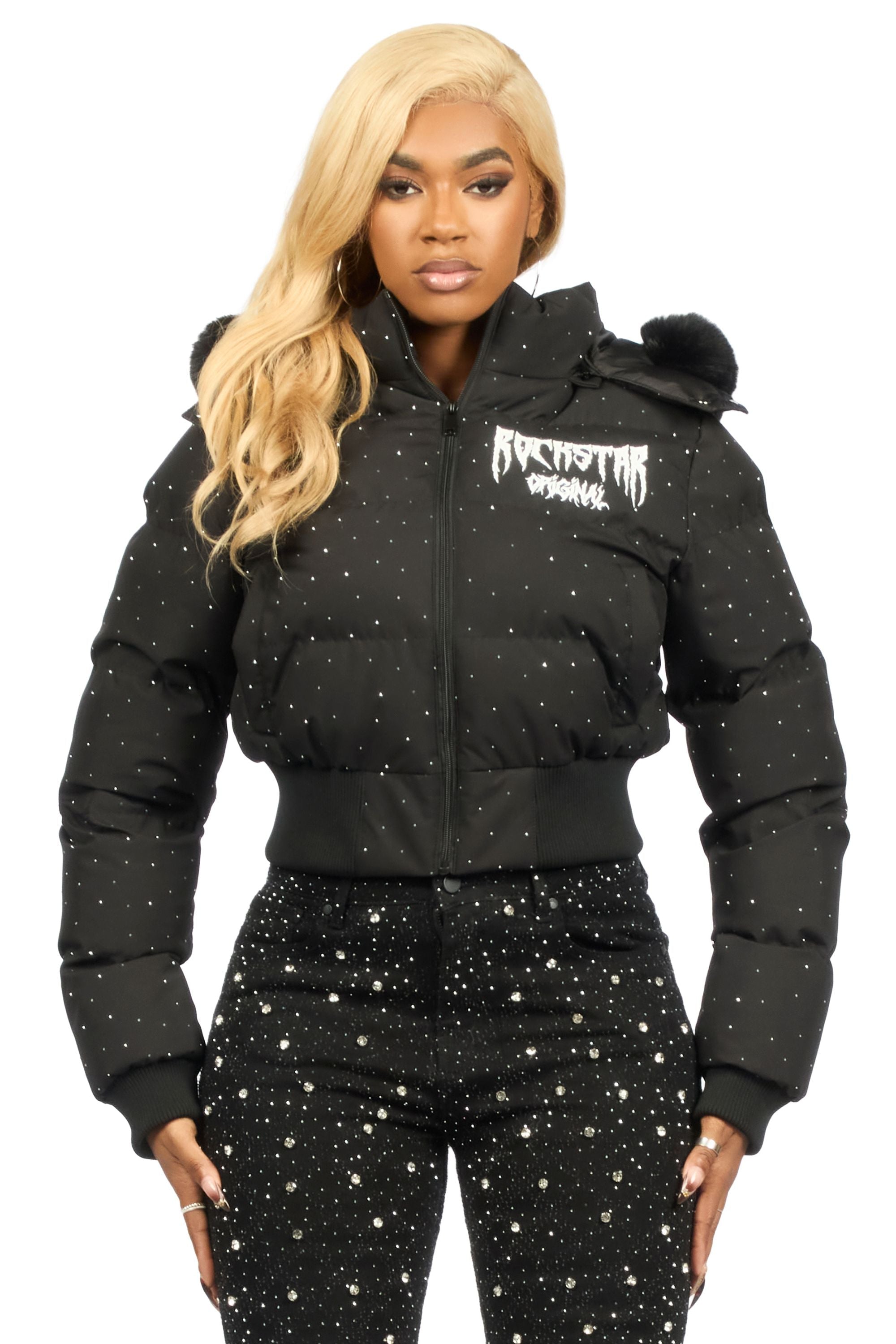 Gabrielle Black Rhinestone Puffer Jacket With Fur Hood