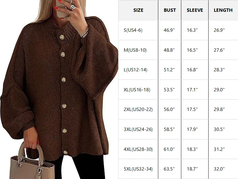 Women's Winter Button Down Cardigan Sweaters Mock Neck Lantern Long Sleeve Chunky Knit Jacket Trendy Outerwear