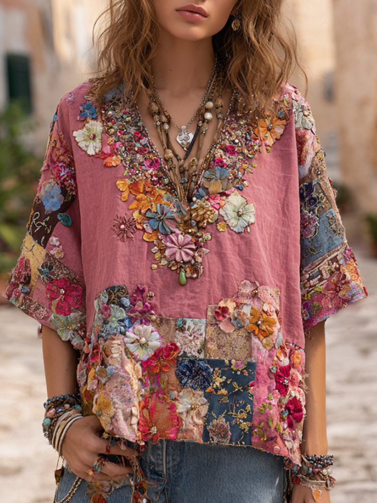 Bohemian Patchwork Three-dimensional Flower Rhinestone Embroidery Pink Vintage V-neck Short-sleeved Shirt