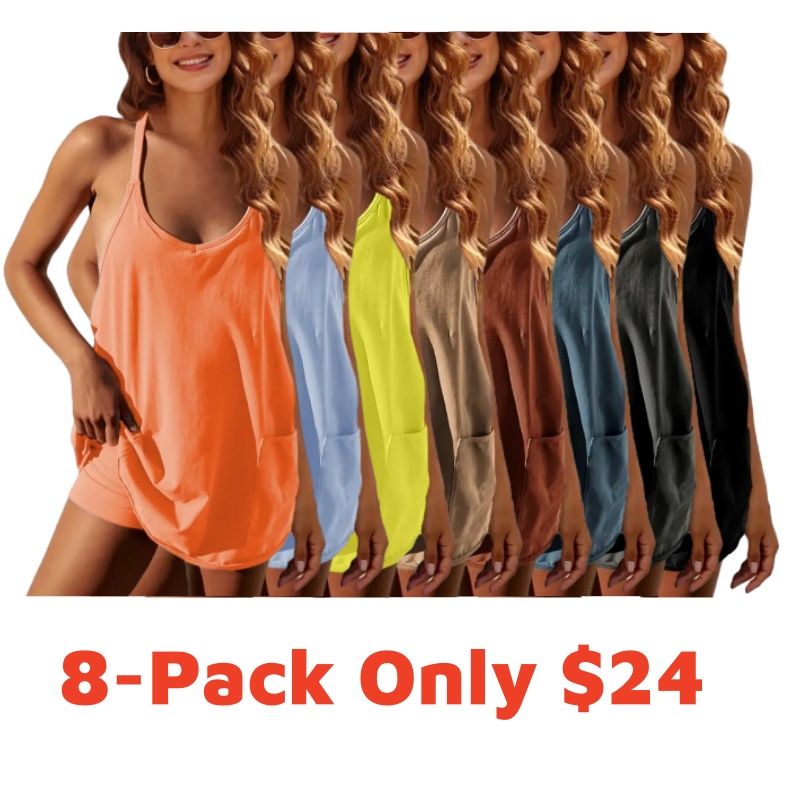 Women's Athletic Sleeveless Mini Dress with Built-in Shorts Summer V Neck Spaghetti Strap Short Spring Tennis Dress with Pockets