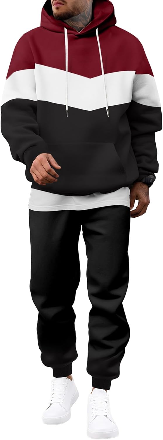 Men's Hoodie Tracksuit 2 Pieces Set Novelty Color Block Pullover Fleece Hoodies Long Sleeve Casual Sweatshirt