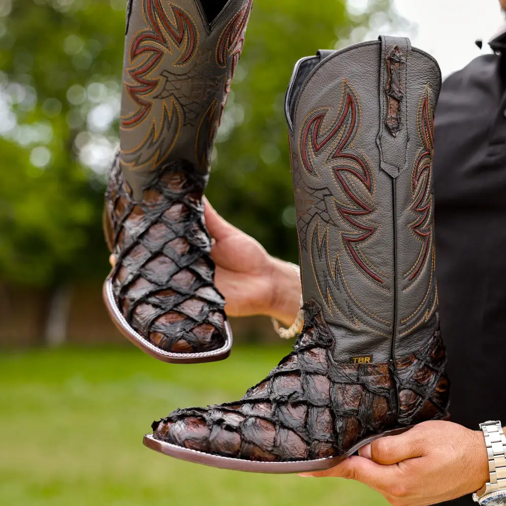 Brown Jumbo Pirarucu Leather Boots - Square Toe