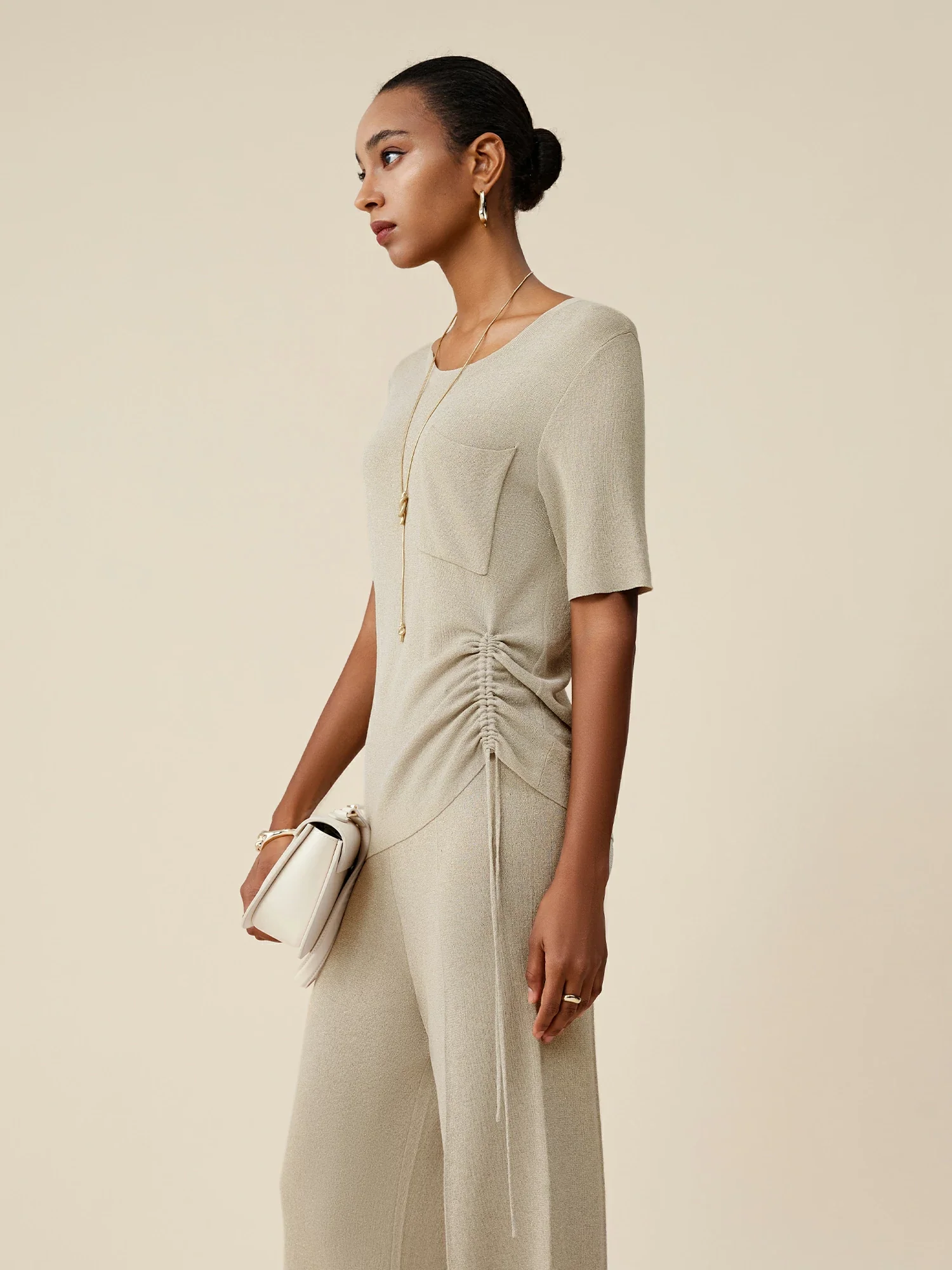 Round Neck Short Sleeve Drawstring Top