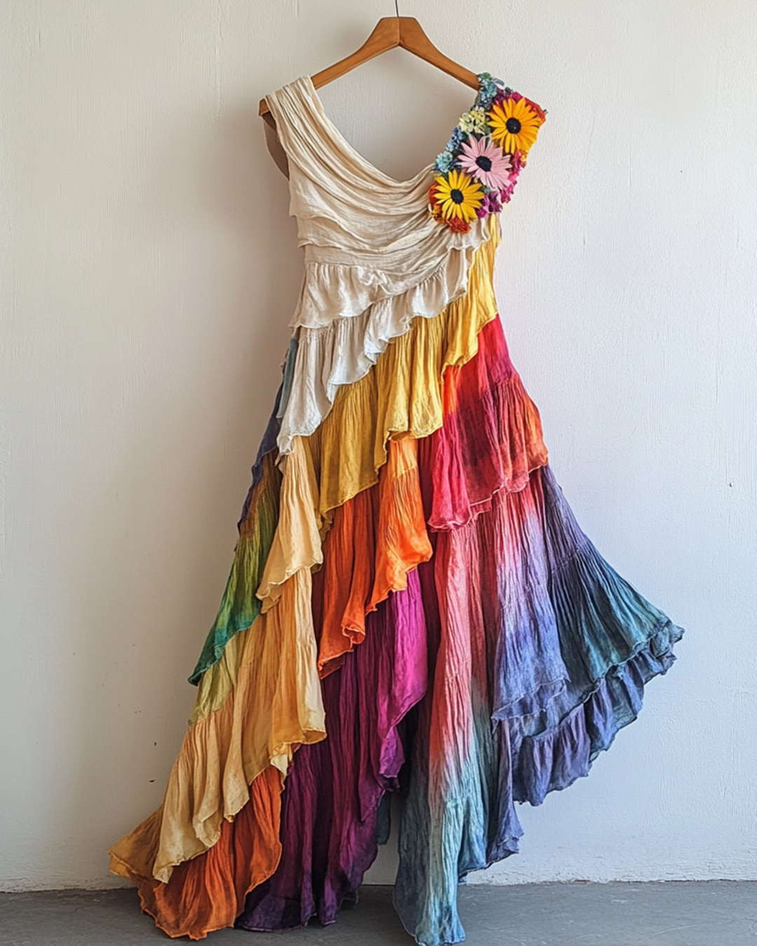 Rainbow Linen Ruffle Daisy Embroidery Irregular Dress 5287