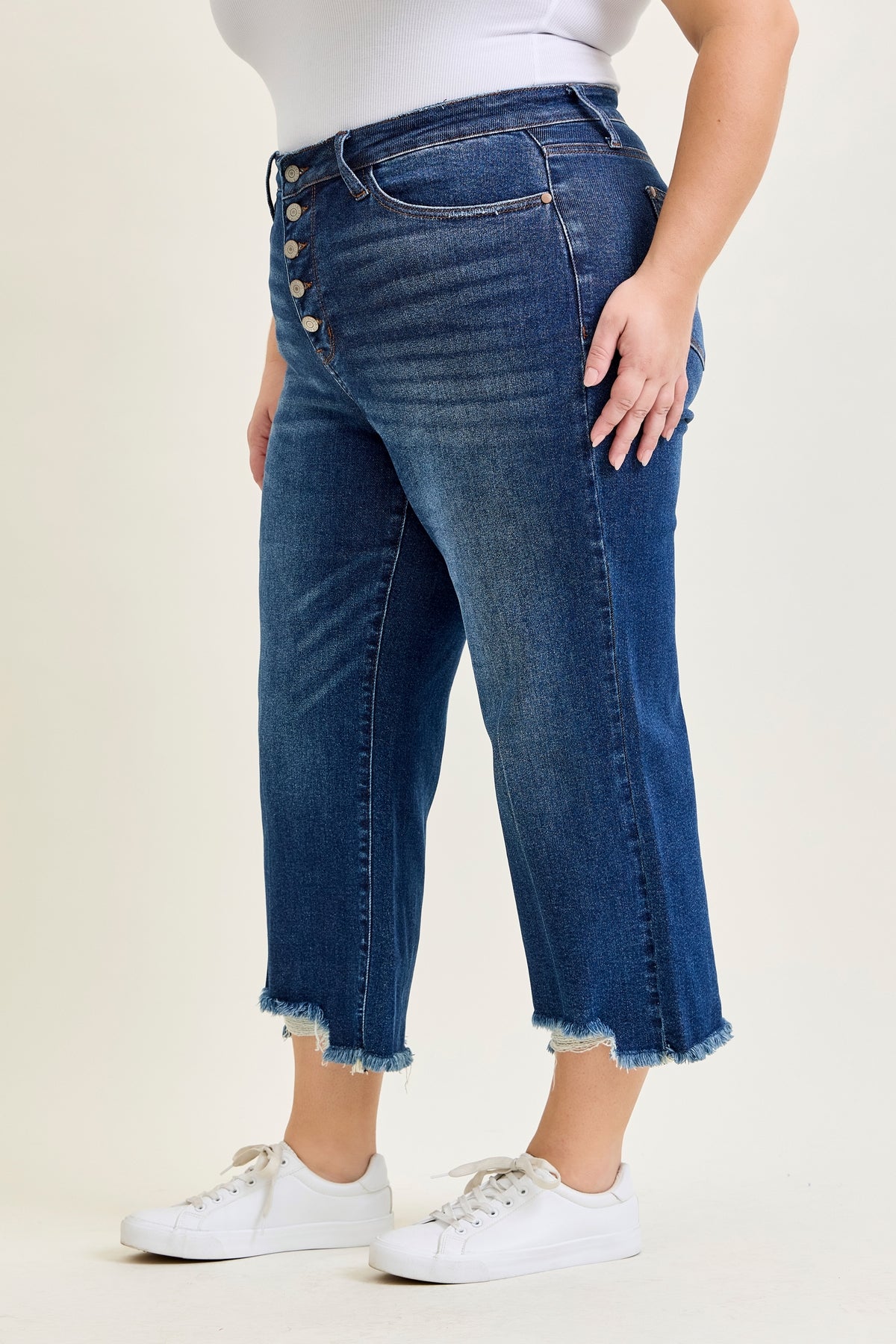 Dottie Button Fly Distressed Hem Crop Wide - PLUS