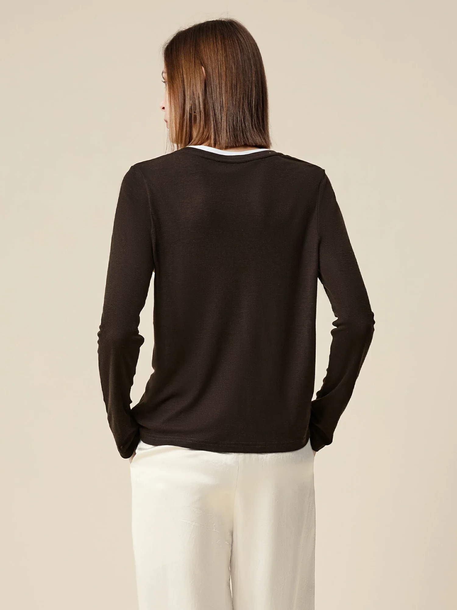 Lyocell & Wool Round Neck Long Sleeve Drawstring T-Shirt
