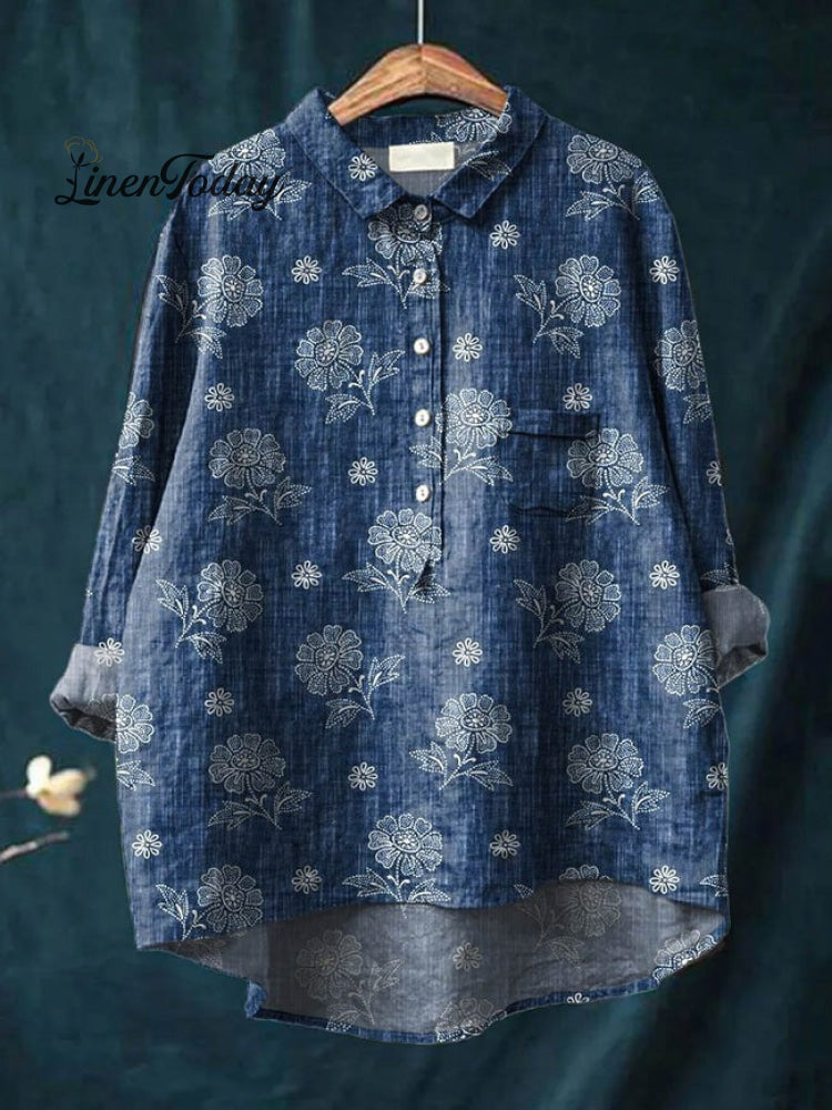 Women's Flower Print Casual Cotton And Linen Shirt