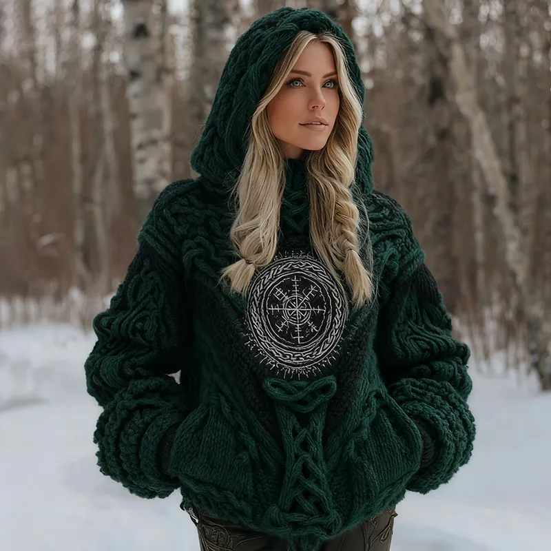 Women's Viking Celtic Knot Vegvisir Rune Knit Hooded Sweater