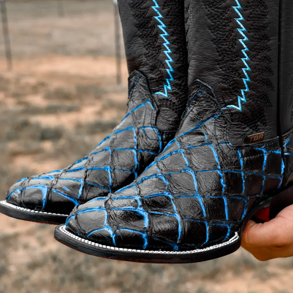 Midnight Blue Pirarucu Leather Boots - Square Toe