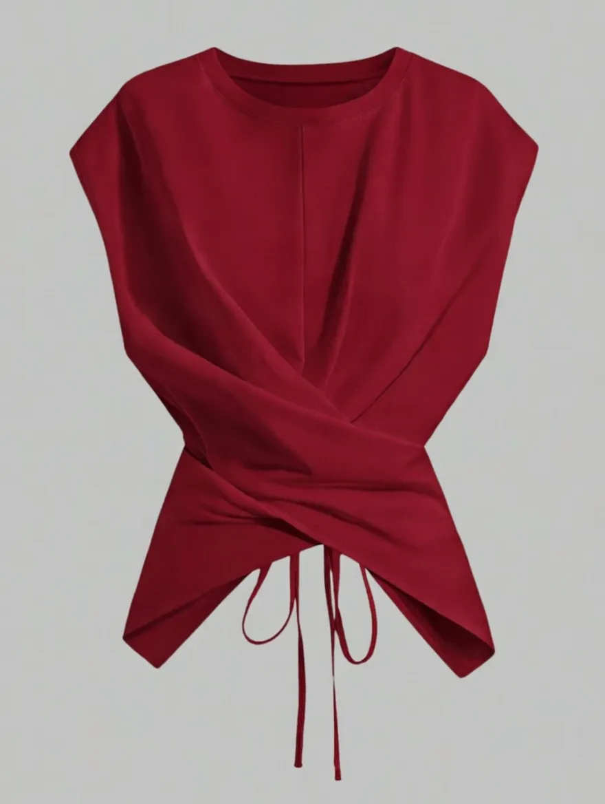 Women’s Knit Criss Cross Back Tie T-Shirt – Asymmetrical Casual Top